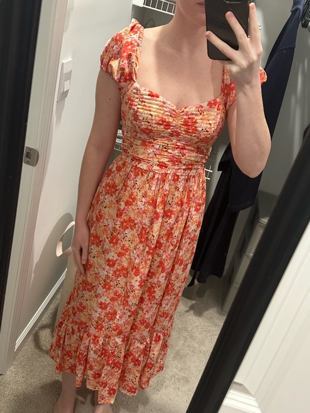 Floral Orange Midi Dress with Sweetheart Neckline
